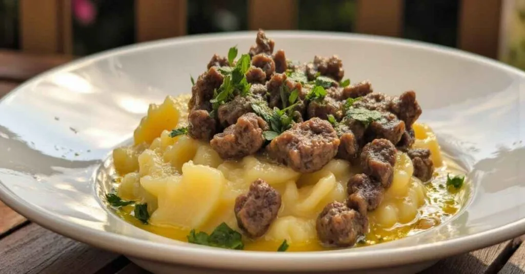 Ground beef and mashed potatoes served with parsley