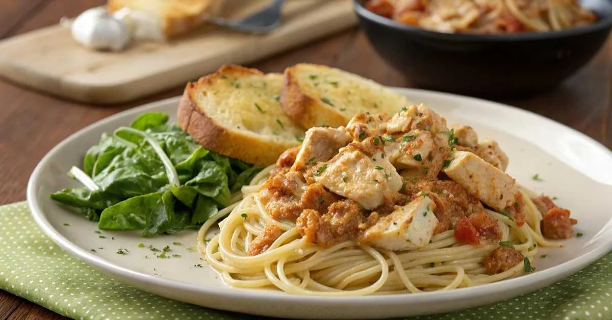 Texas chicken spaghetti served with salad and bread