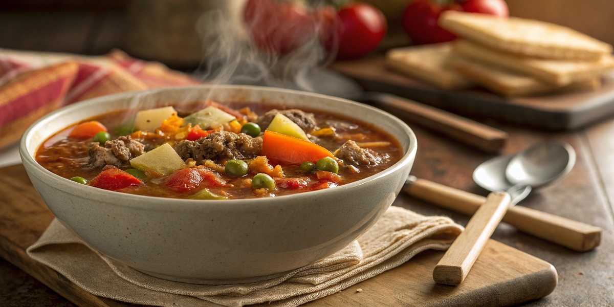 Easy vegetable soup with ground beef served hot