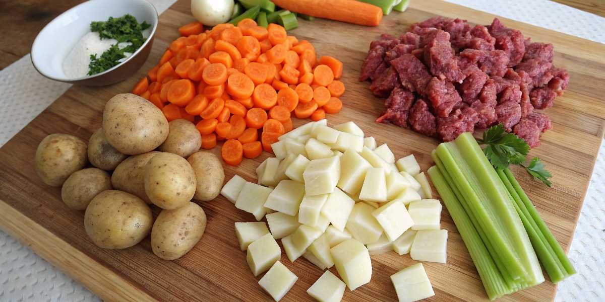 Fresh vegetables and beef for vegetable soup with ground beef