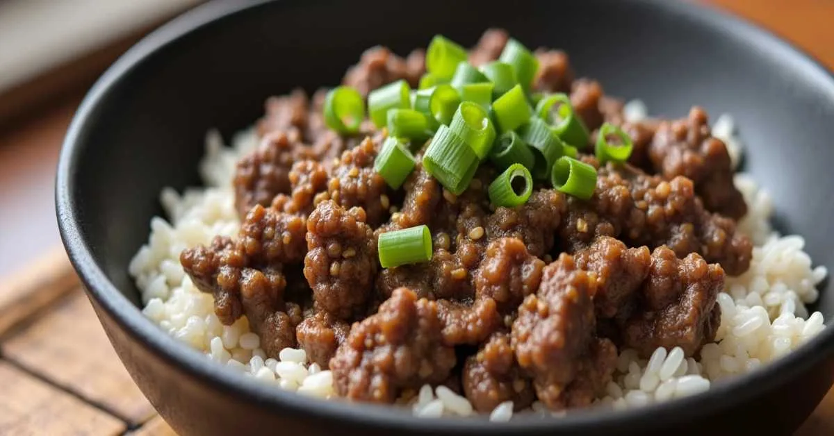 Korean ground beef bulgogi in a rice bowl