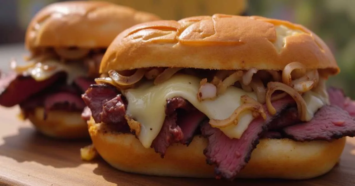 Ribeye steak sandwich with melted cheese and onions