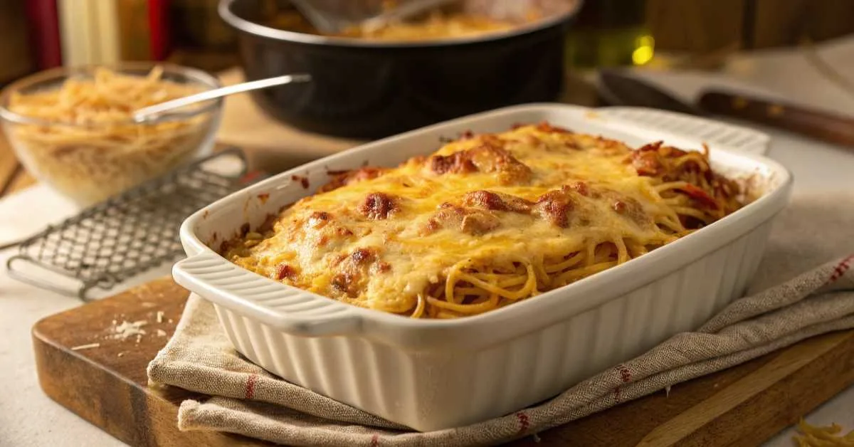 Texas chicken spaghetti recipe in baking dish