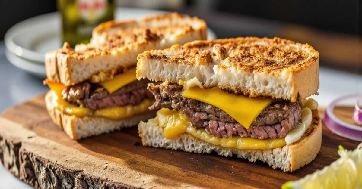 Tri tip sandwich sliced in half with juicy beef and cheese