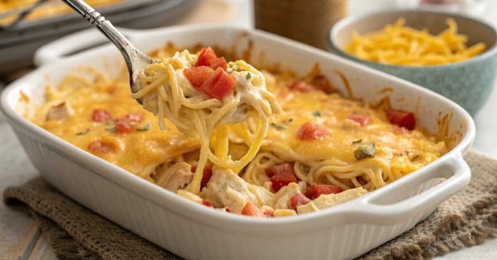 Creamy chicken spaghetti with Rotel and Velveeta baked hot and fresh