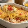 Creamy chicken spaghetti with Rotel and Velveeta baked hot and fresh