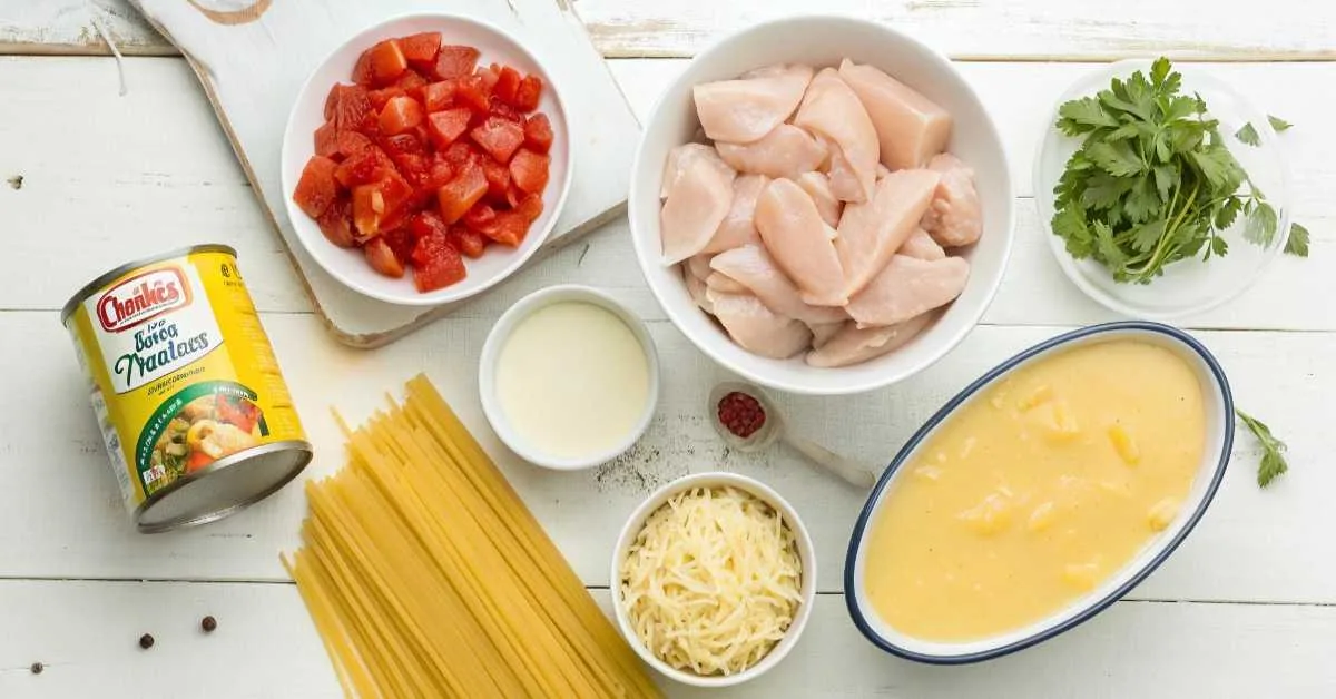Ingredients for chicken spaghetti with Rotel and Velveeta