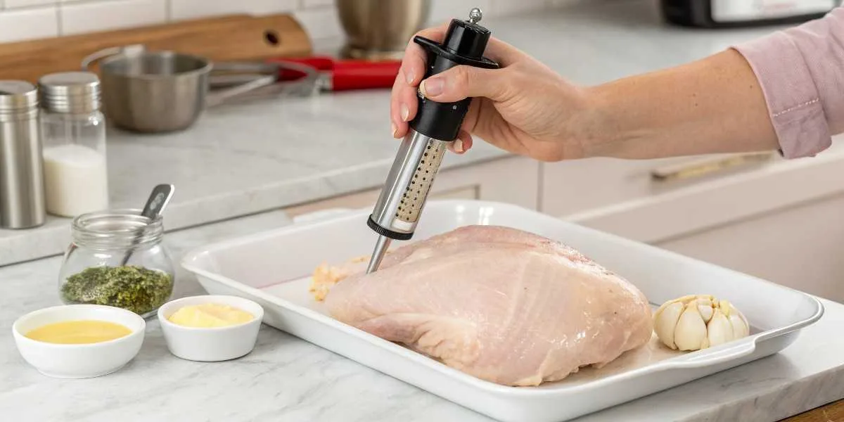 injecting garlic butter turkey before roasting