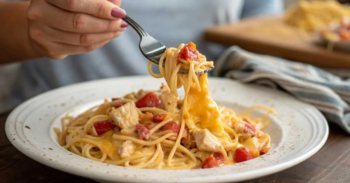 Serving of chicken spaghetti with Rotel and Velveeta showing cheese pull