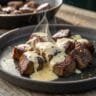 Garlic butter steak bites with parmesan cream sauce served hot