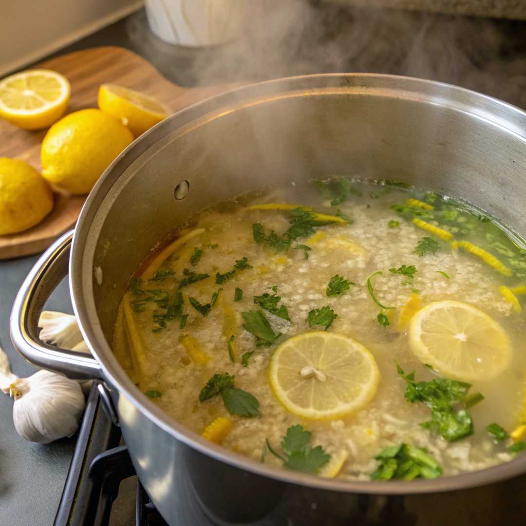 Lemon rice cooking in pot with herbs and broth for Greek chicken recipe